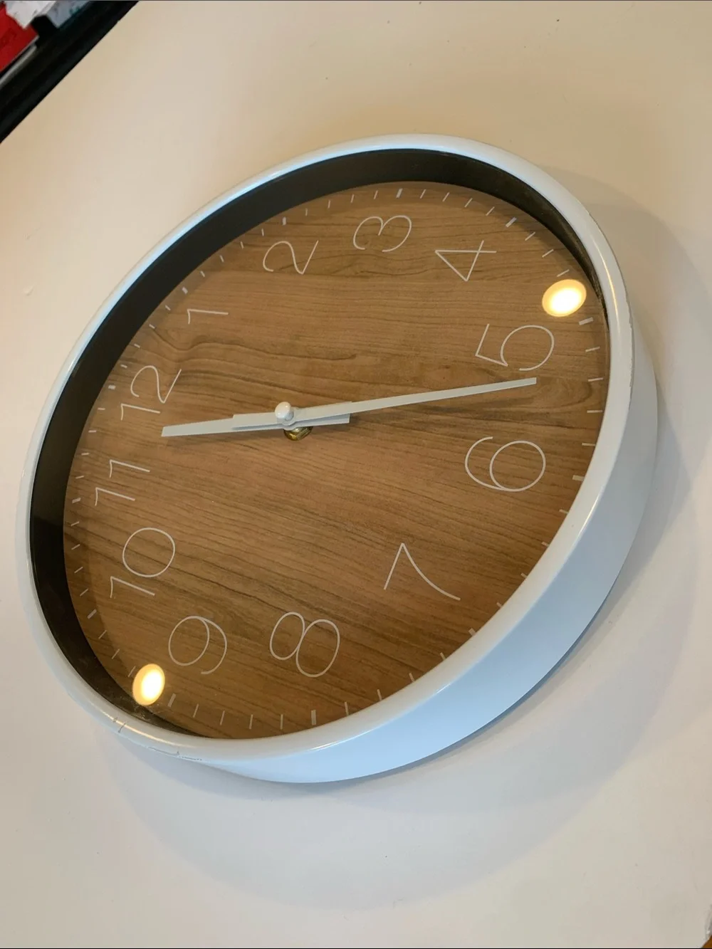 Non-Ticking Round Wall Clock Faux Wood Grain Quartz Battery Operated White Rim